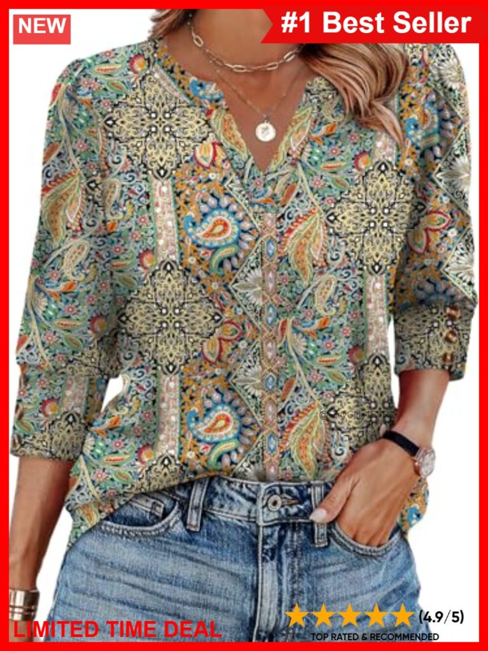 Womens 3/4 Sleeve V Neck Blouse Button Cuff Dressy Casual Work Top